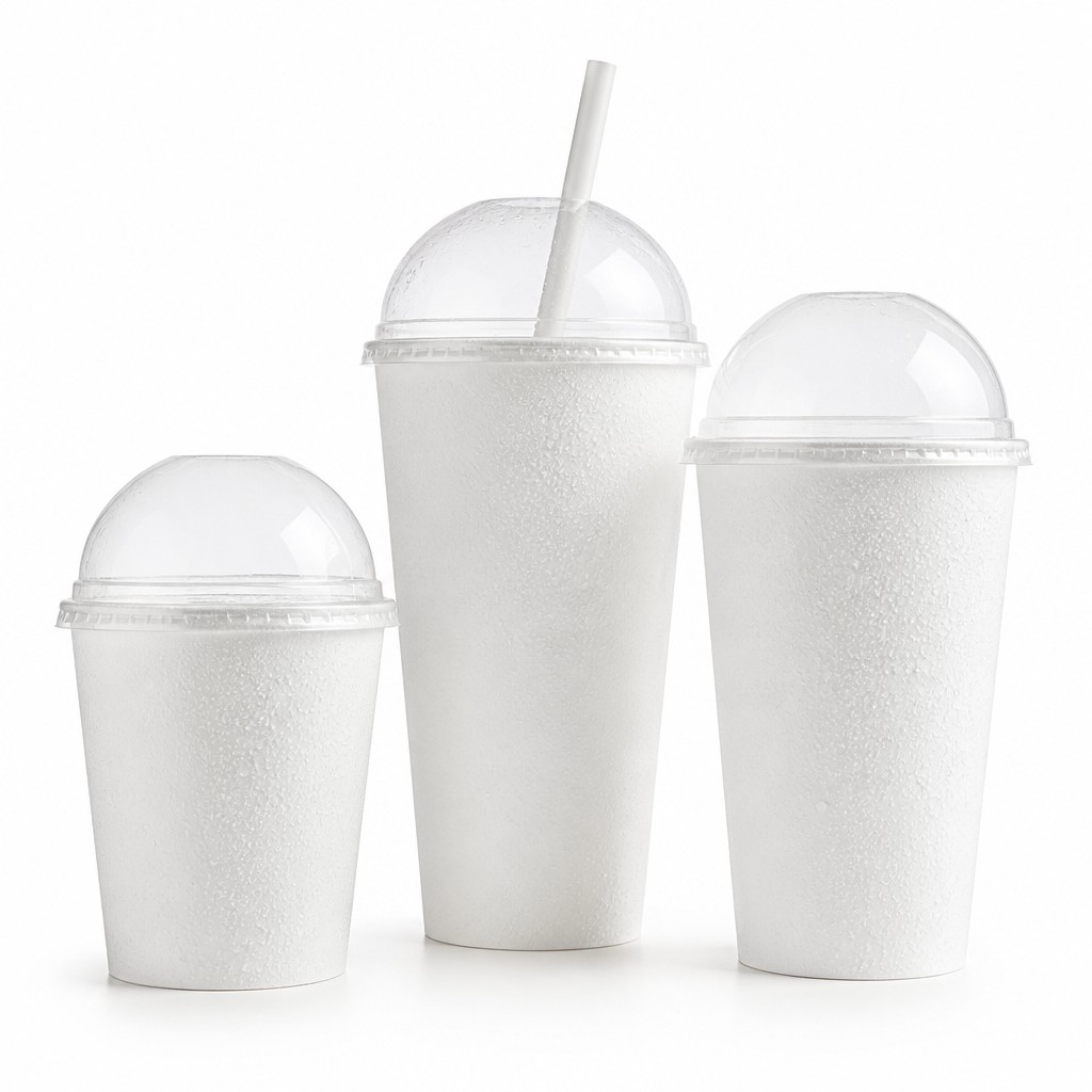 Disposable cold drink paper cups with dome lid and straw