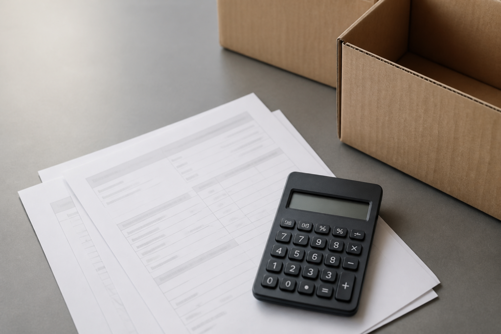 Customs paperwork and a calculator beside unprinted corrugated cartons