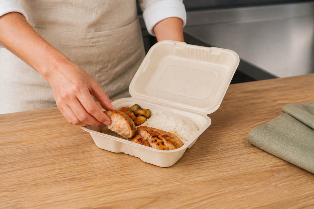 Molded-fiber takeaway container being filled at a foodservice counter