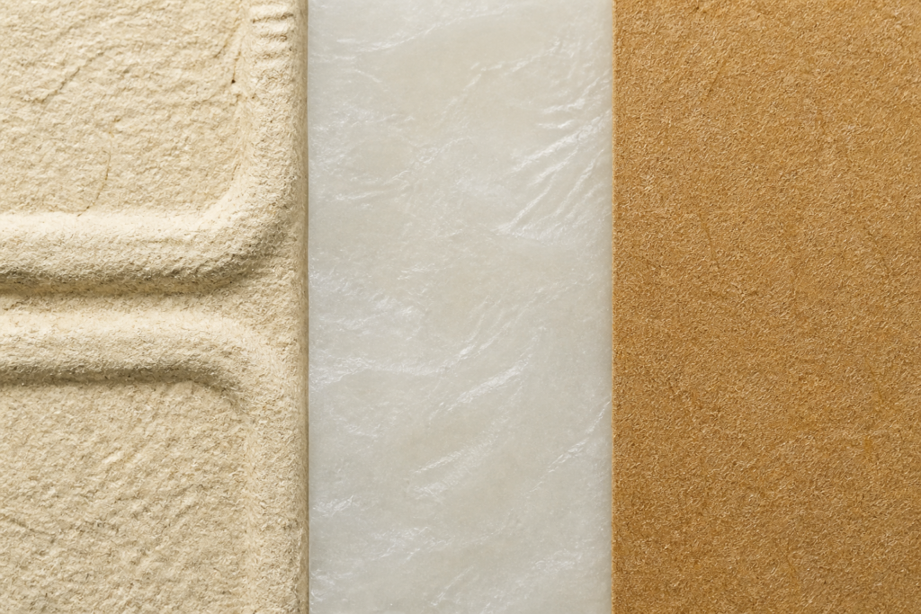 Close-up comparison of bagasse fiber, PLA and kraft paperboard surfaces