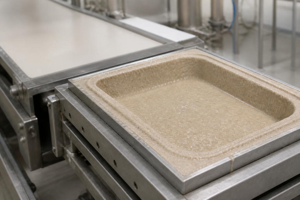 Wet molded fiber tray on a forming mould on a production line