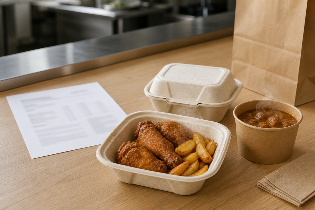 Molded fiber takeout containers with hot food beside a blurred laboratory test report