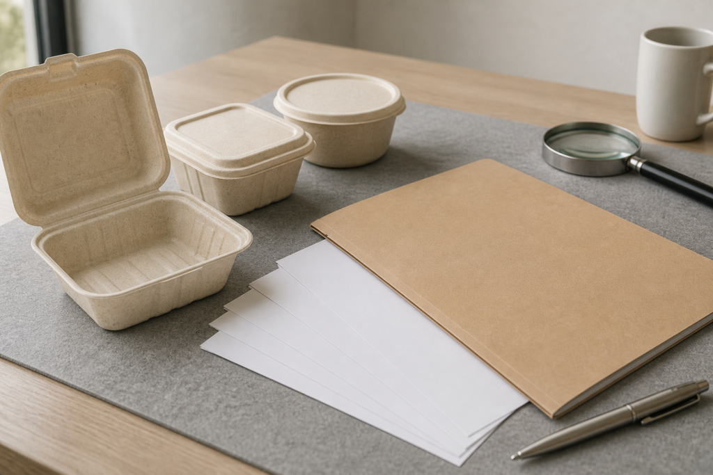 Molded fiber packaging samples beside a document folder, blank sheets and a magnifier