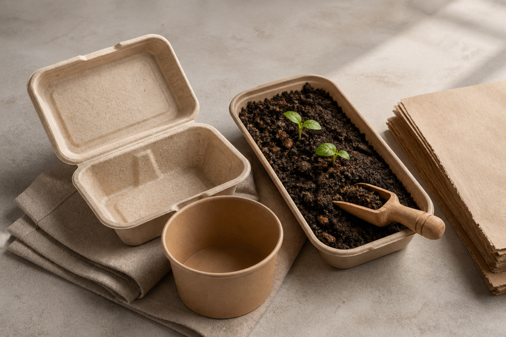 Fiber food packaging shown with finished compost, seedlings and recycled paper